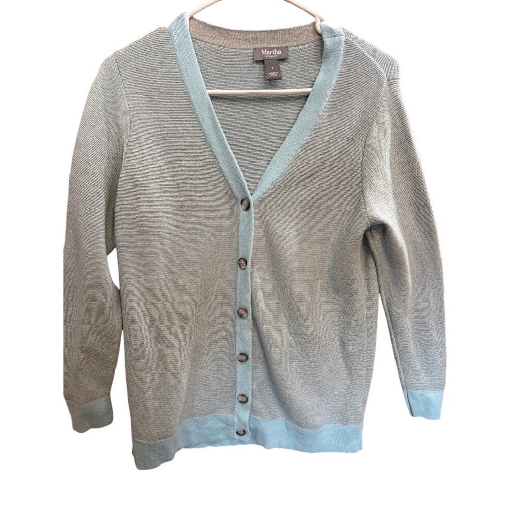 Martha Stewart Womens Grey Blue Colorblock V-Neck ButtonSweater S